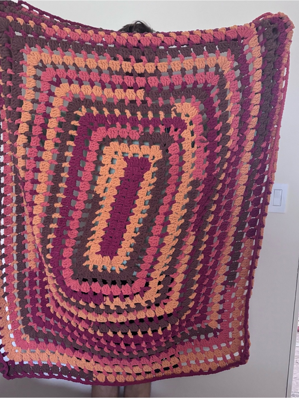 Handmade Chunky Crochet Blanket in Pink, Peach & Brown